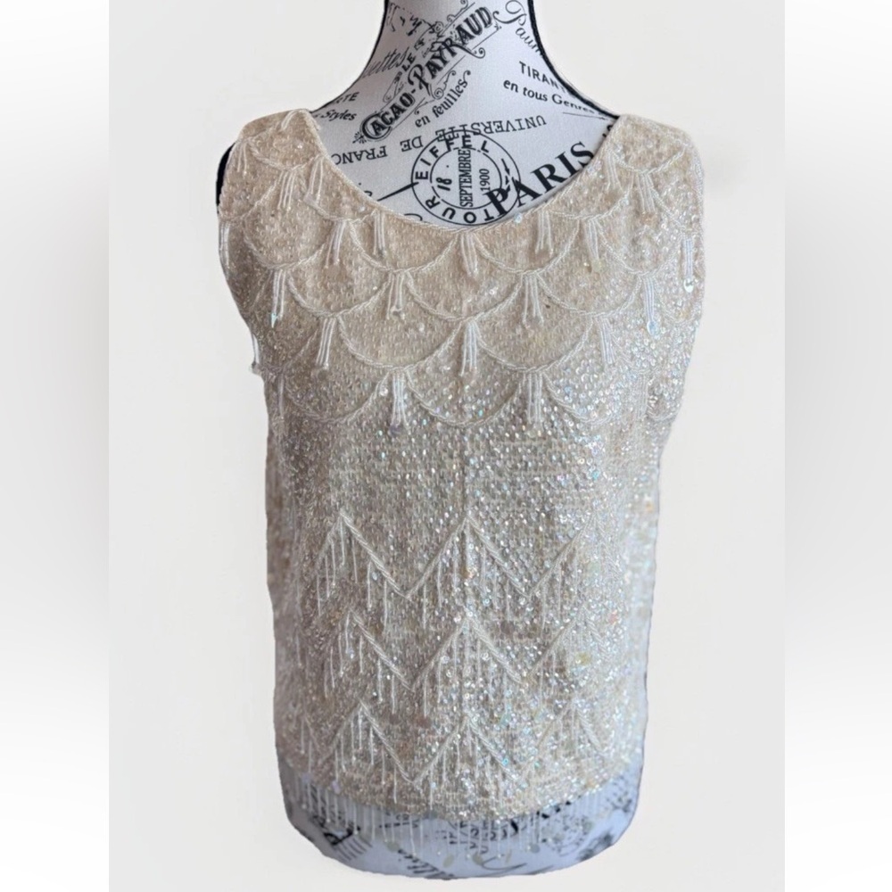 Vintage 60s 70s Beige Wool Beaded Sequin Knit Party Cocktail Evening Wear Top